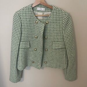 Mango Mint Tweed Cropped Blazer with Gold Buttons